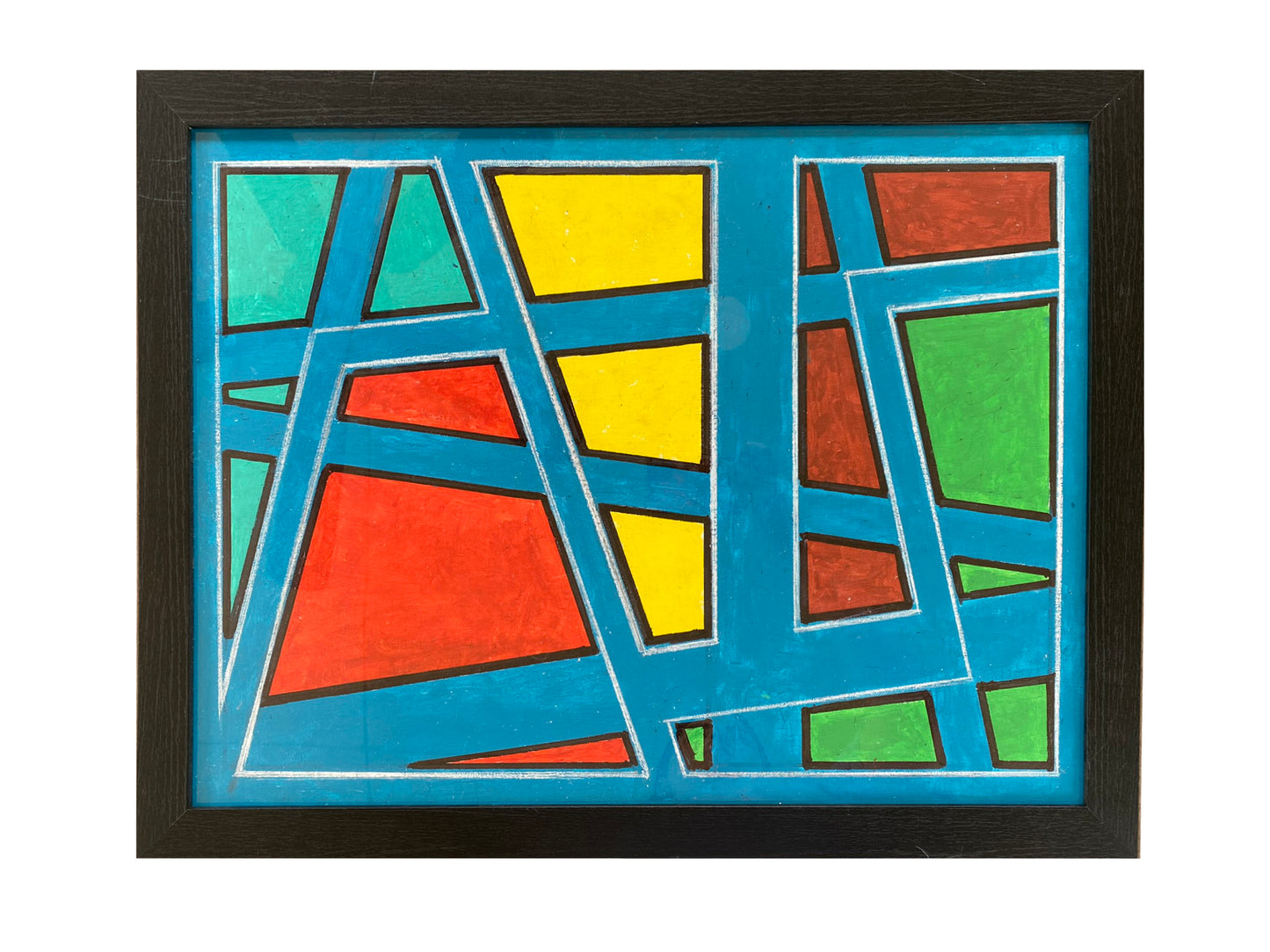 Framed Artwork, Funnels of Colorful Shapes on Blue Background, 21" x 17"