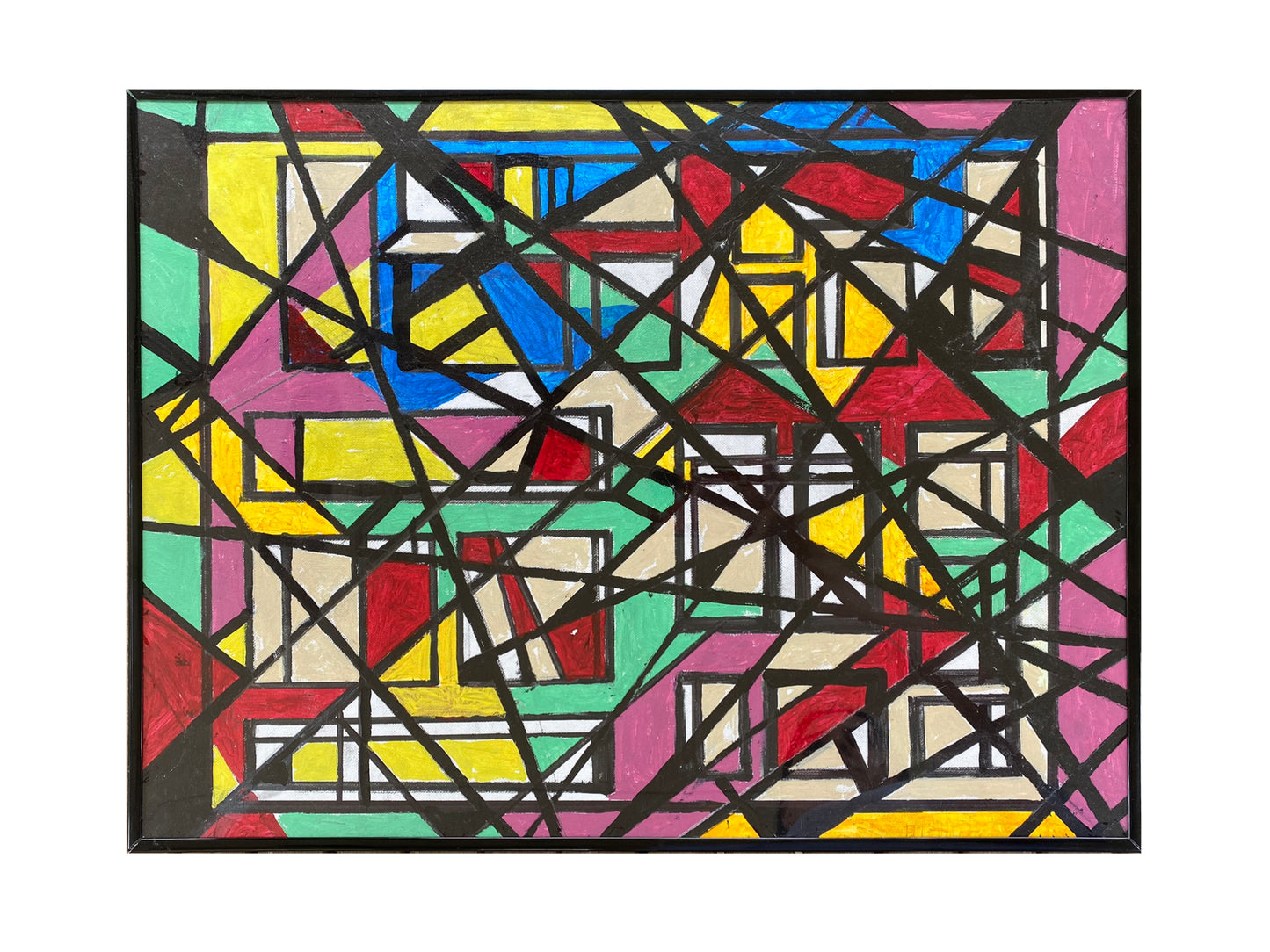 Framed Artwork, Intersecting Small Shapes Print (Red, Burgundy, Blue, Yellow, Green), 26" x 20"