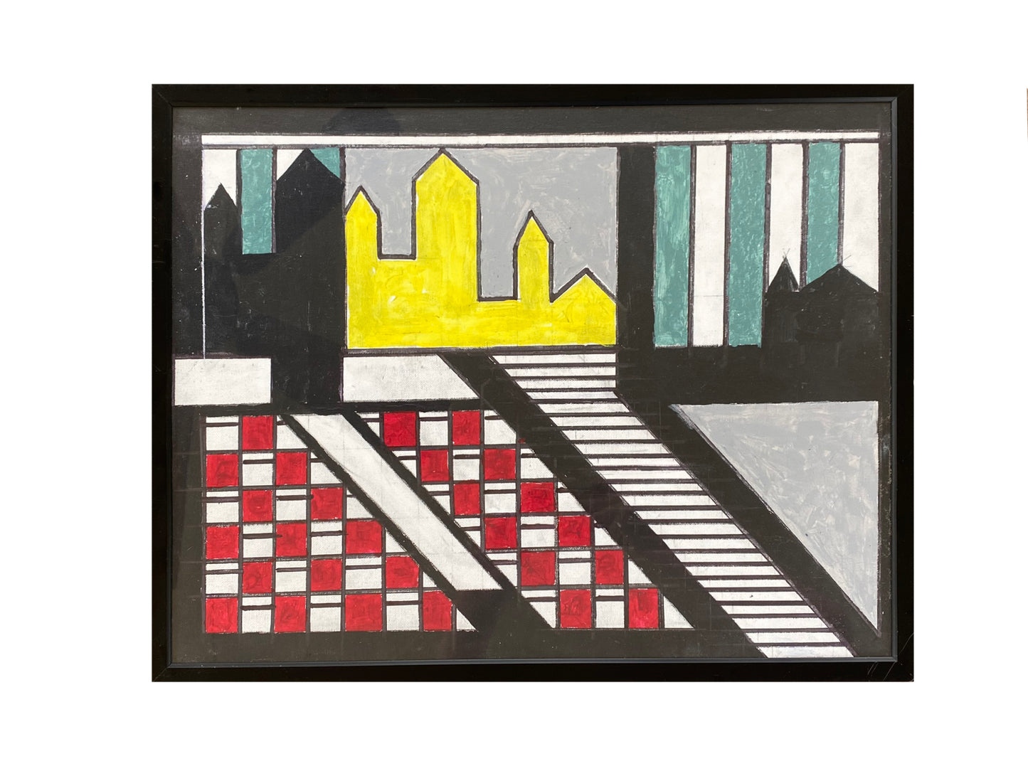 Framed Artwork, Color-Block Cityscape with Steps (Red, Yellow, Green, Black/White), 26" x 20"