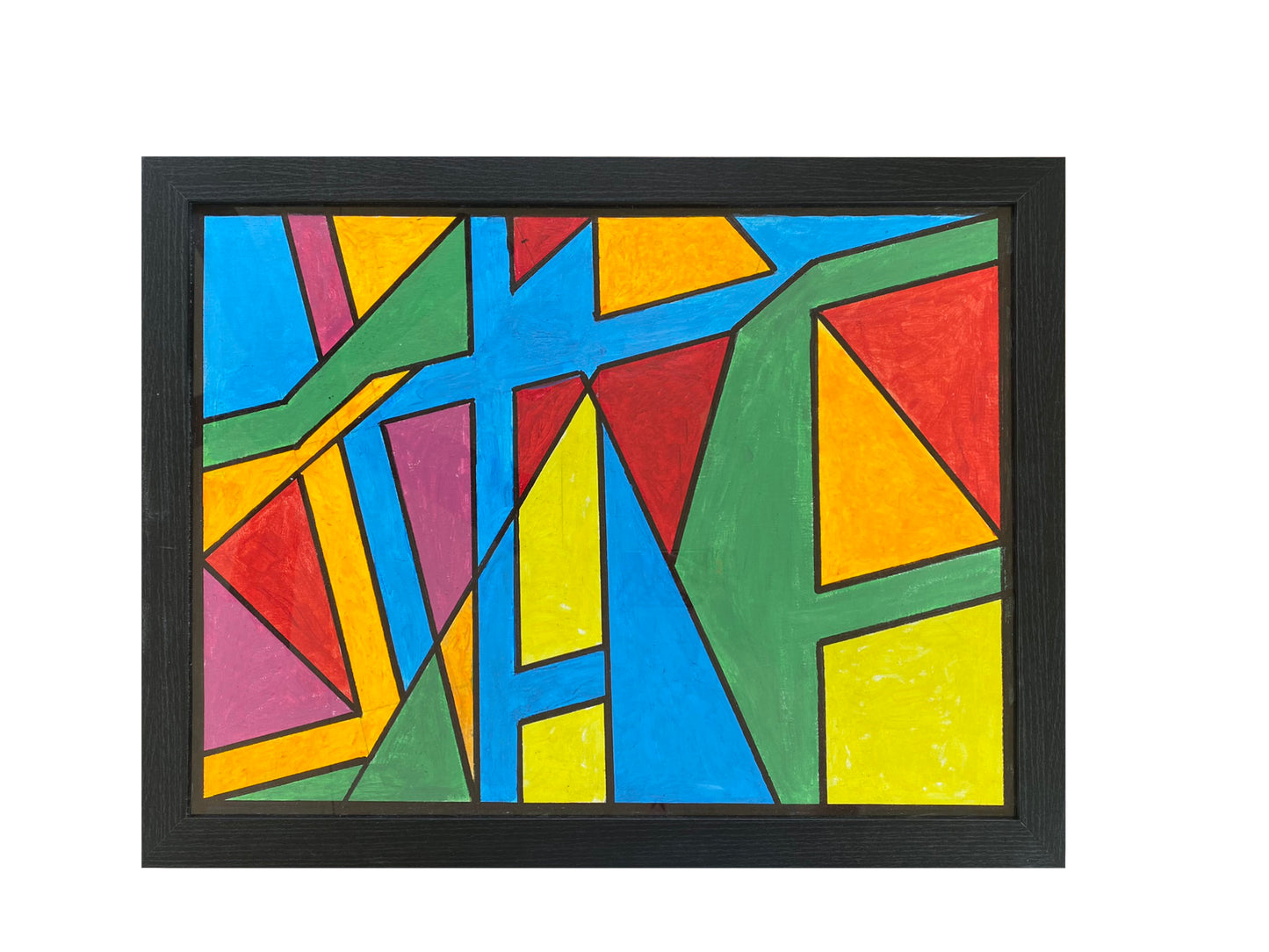 Framed Artwork, Bright Overlapping Shapes (Blue, Green, Red, Yellow, Orange), 26" x 20"